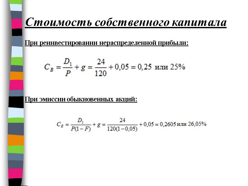 Стоимость собственного капитала   При реинвестировании нераспределенной прибыли:     